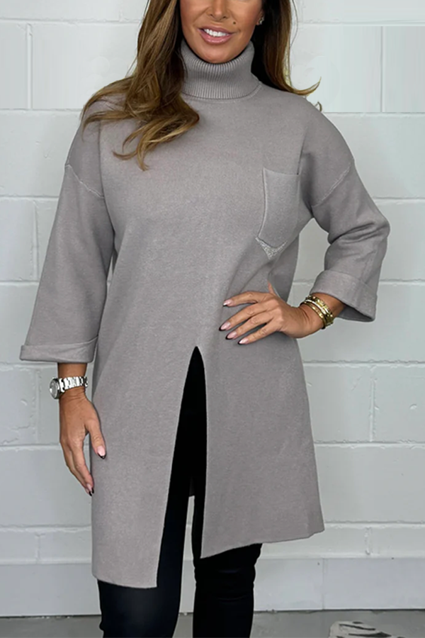 Soft Knit Roll Neck Front Split Silver Chain Pocket Jumper