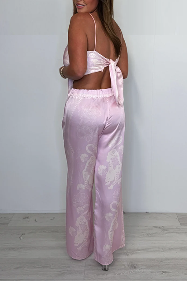 Satin Tiger Leaf Print Scarf Style Top & Trouser Co-Ord