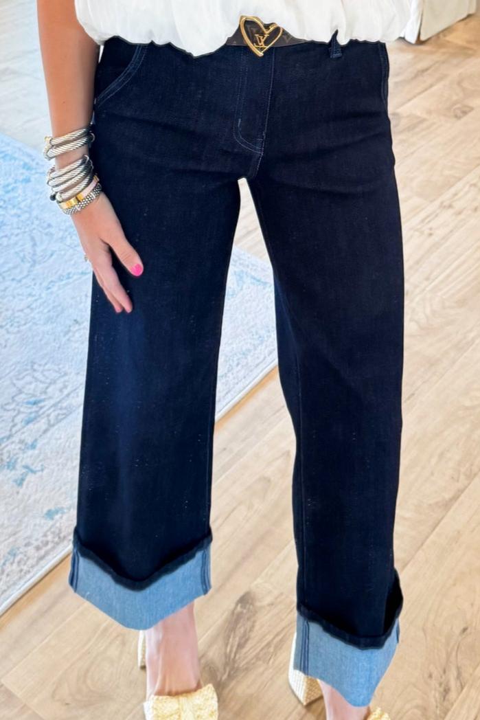  Dark Wide Leg Cuffed Jeans