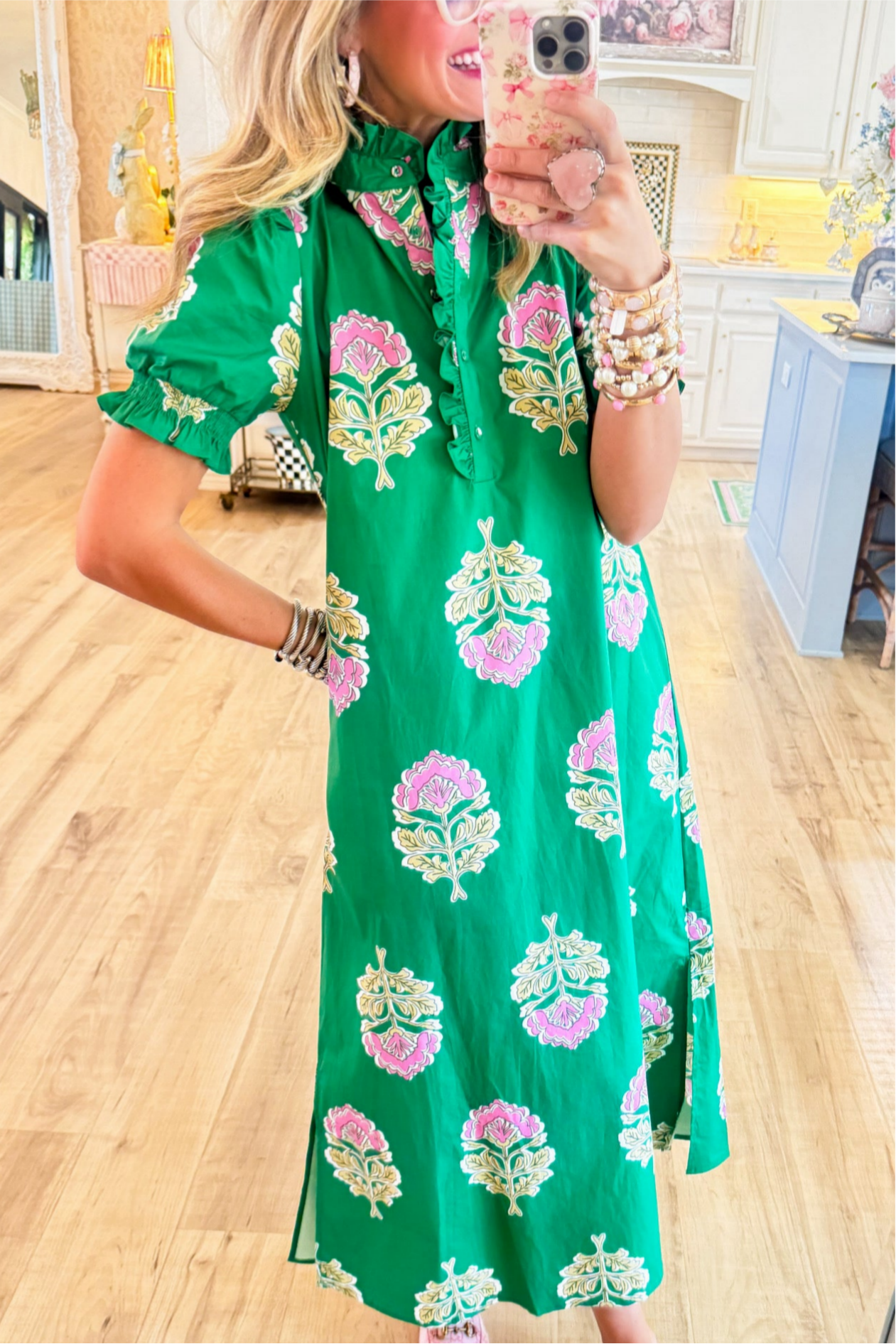Green Floral Print Ruffle Stand Collar Midi Dress