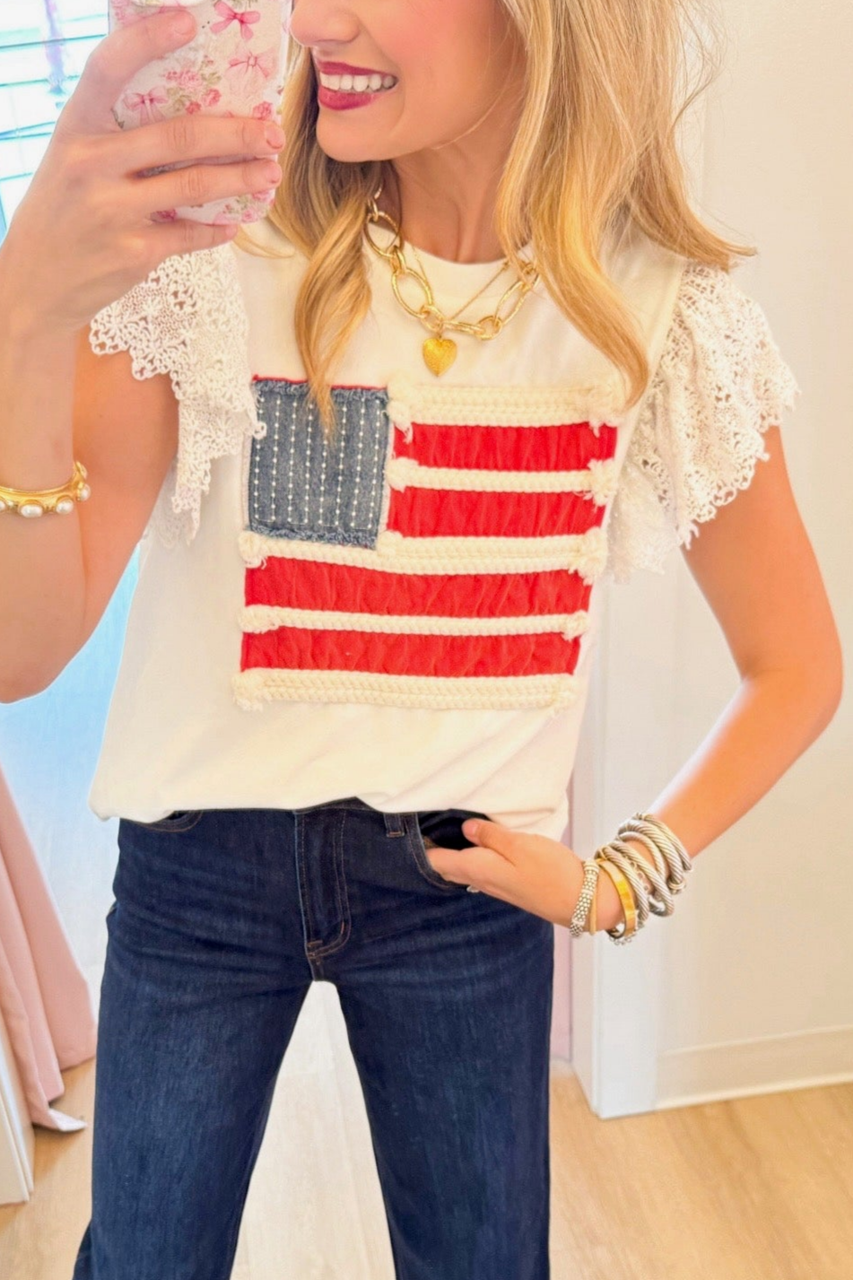 Off White Lace Flutter Sleeve Flag Top