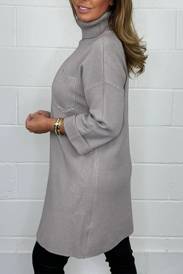 Soft Knit Roll Neck Front Split Silver Chain Pocket Jumper