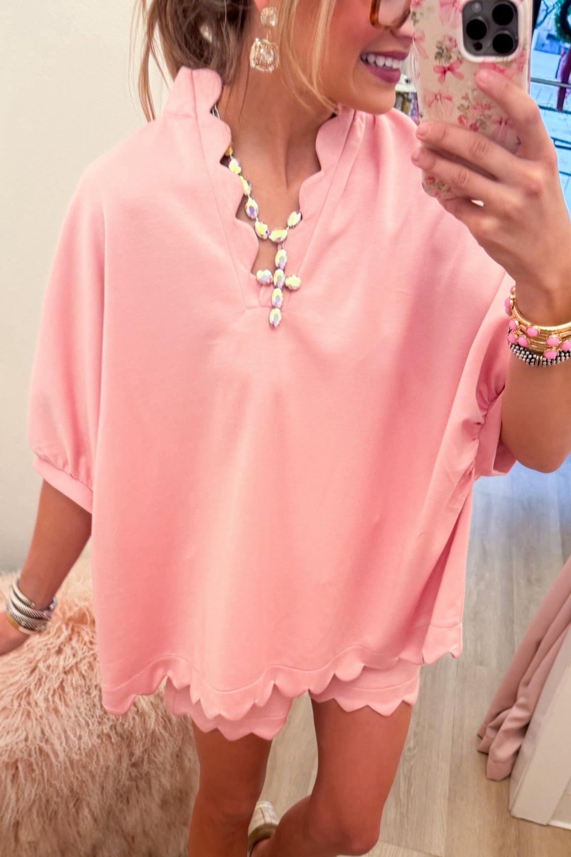 Pink Scallop Hem Short Set