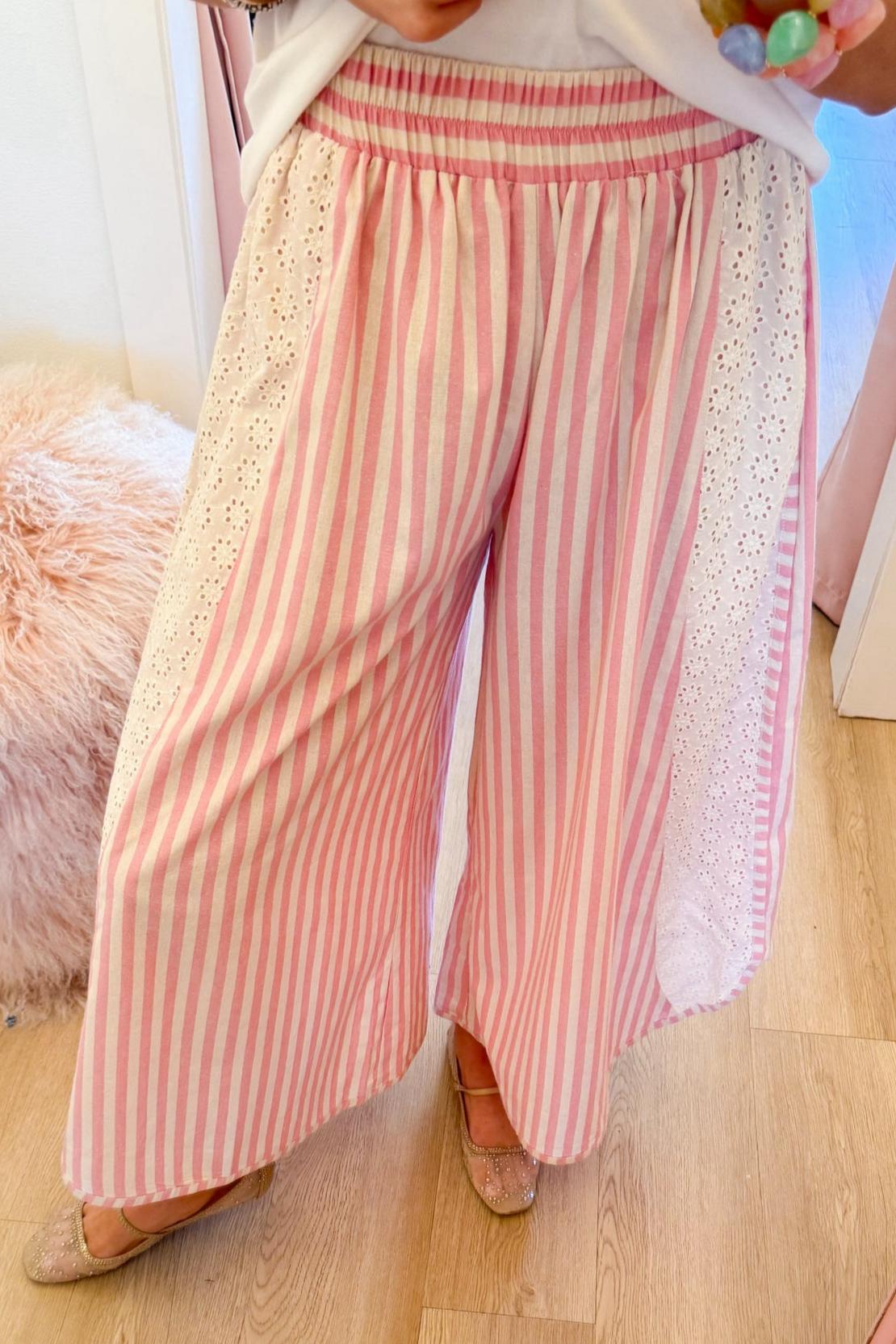 Striped Floral Eyelet Detail Wide Leg Pants