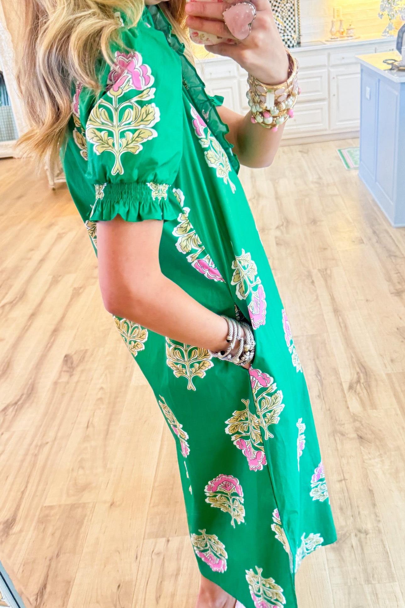 Green Floral Print Ruffle Stand Collar Midi Dress