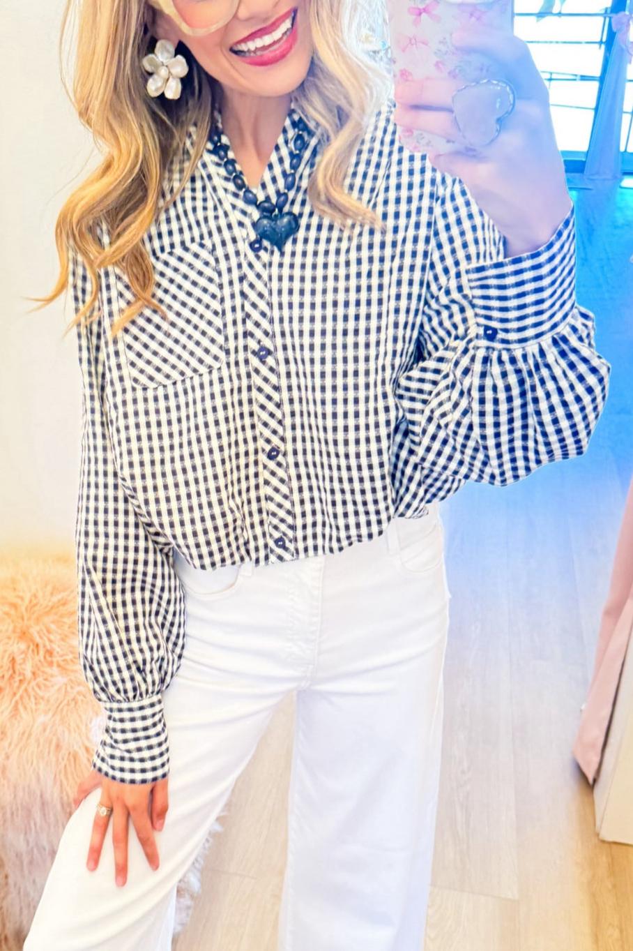 Navy Gingham Long Sleeve Button Up Top