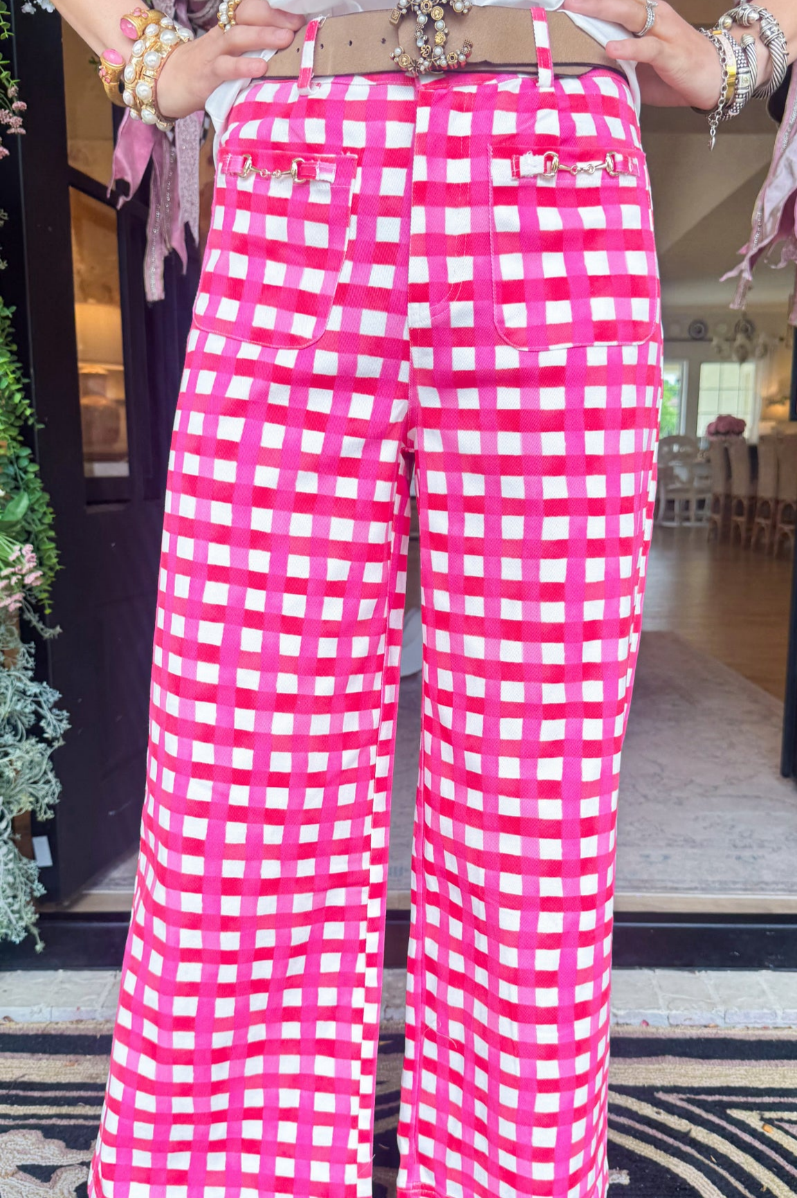 Pink Combo Gingham Wide Leg Pants