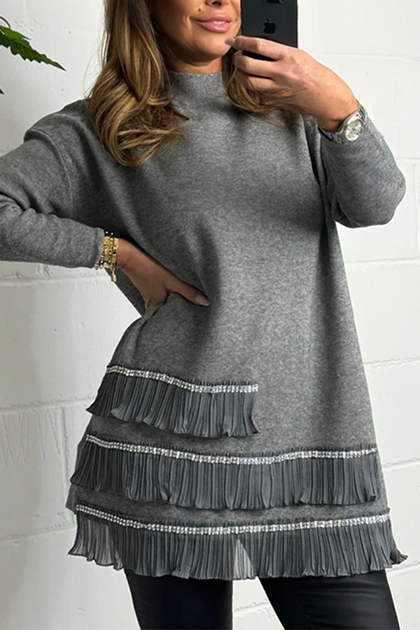 Grey Turtle Neck Pleated Frill  Diamante Detail Jumper