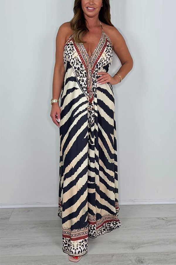 Zebra V-Neck Low Back Jewelled Detail Maxi Dress