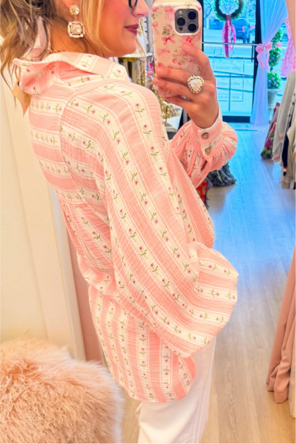 White and Pink Floral Stripe Button Up Top