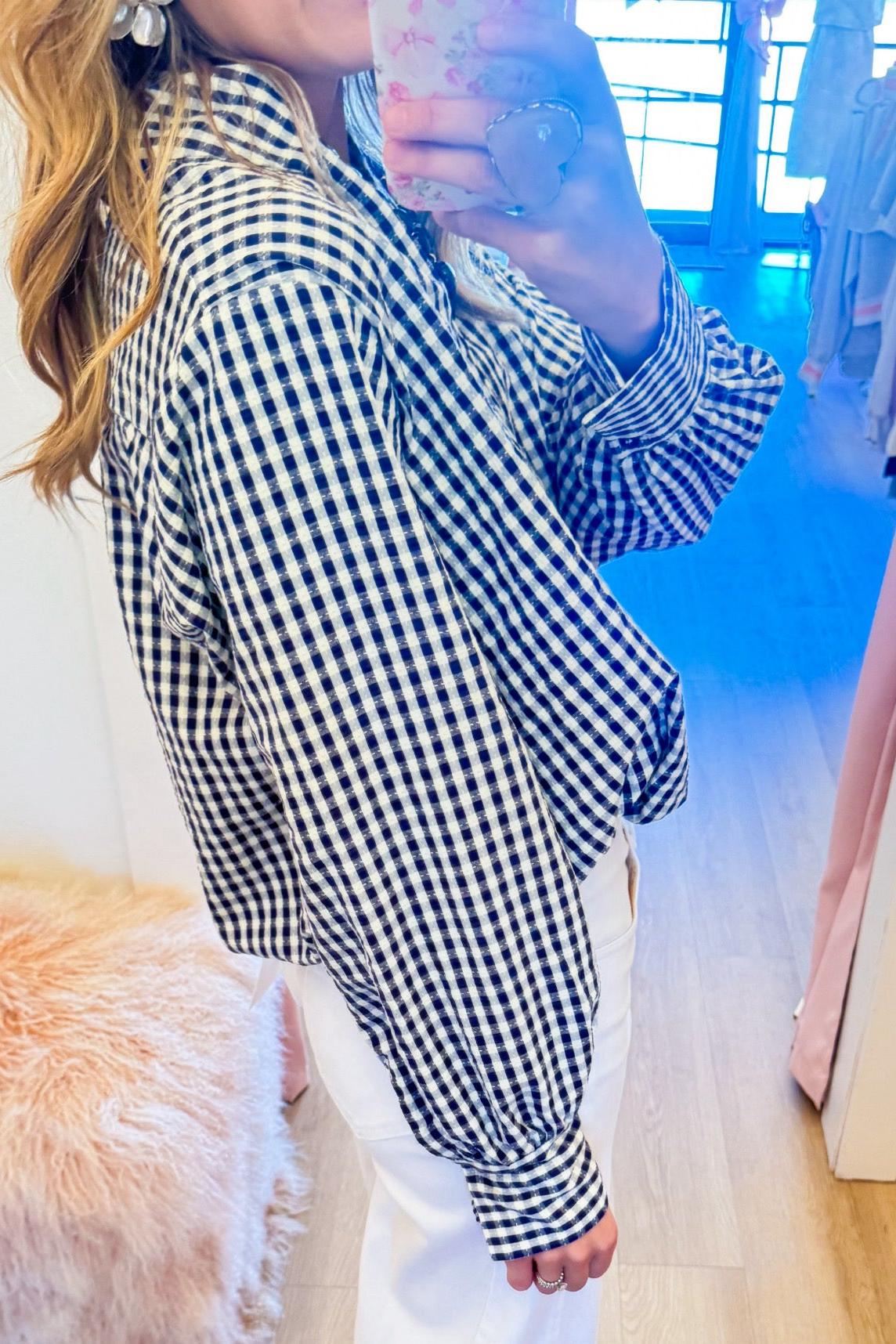 Navy Gingham Long Sleeve Button Up Top