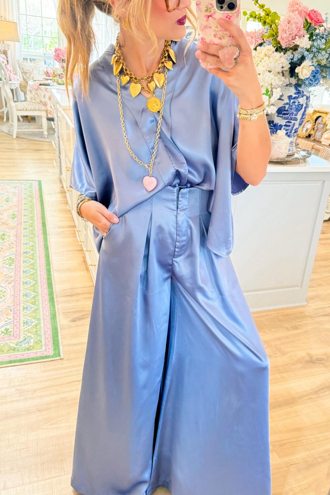 Dusty Blue Satin V-Neck Set