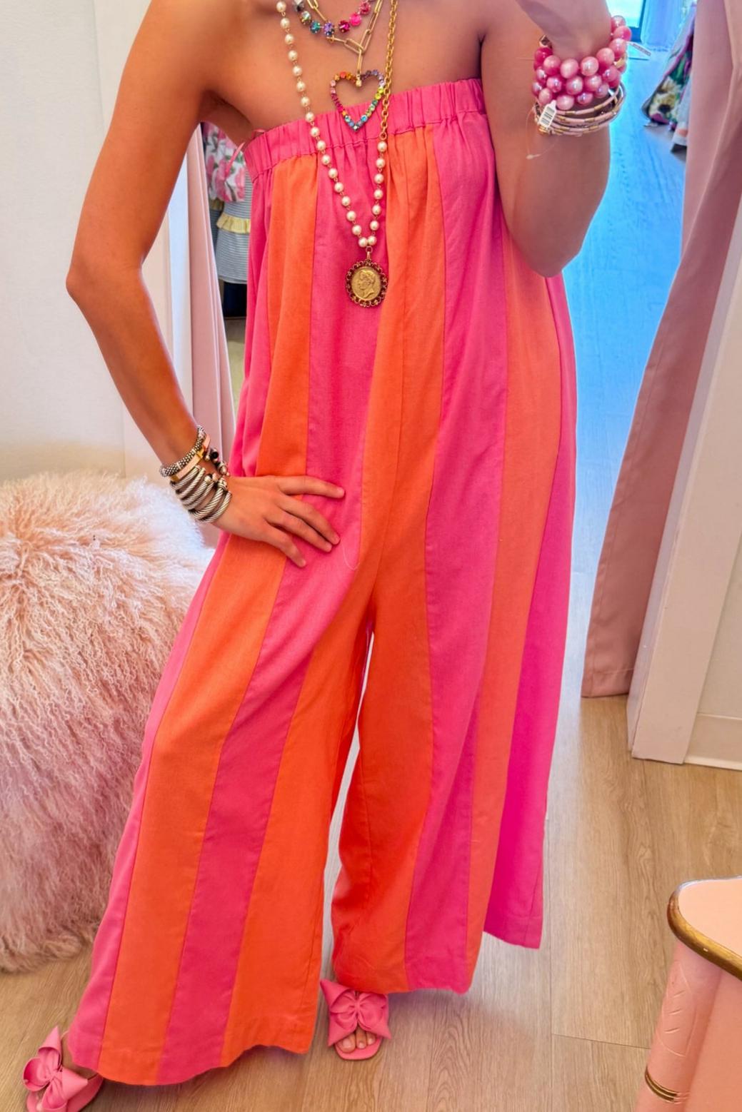 Hibiscus and Melon Striped Strapless Jumpsuit