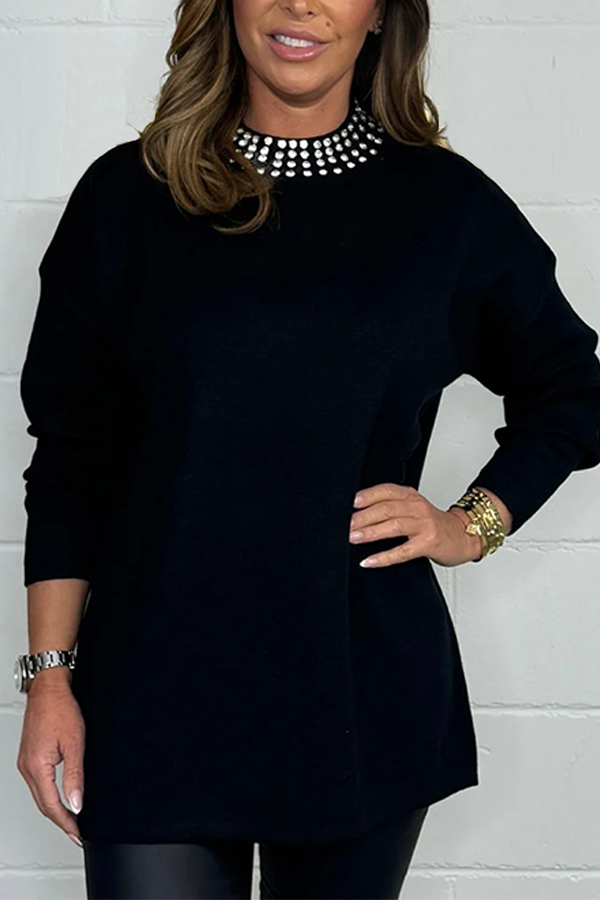 Black Diamante Neck Detail Turtle Neck Jumper