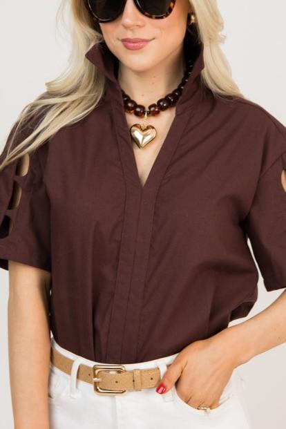 Stand-up collar openwork sleeve shirt