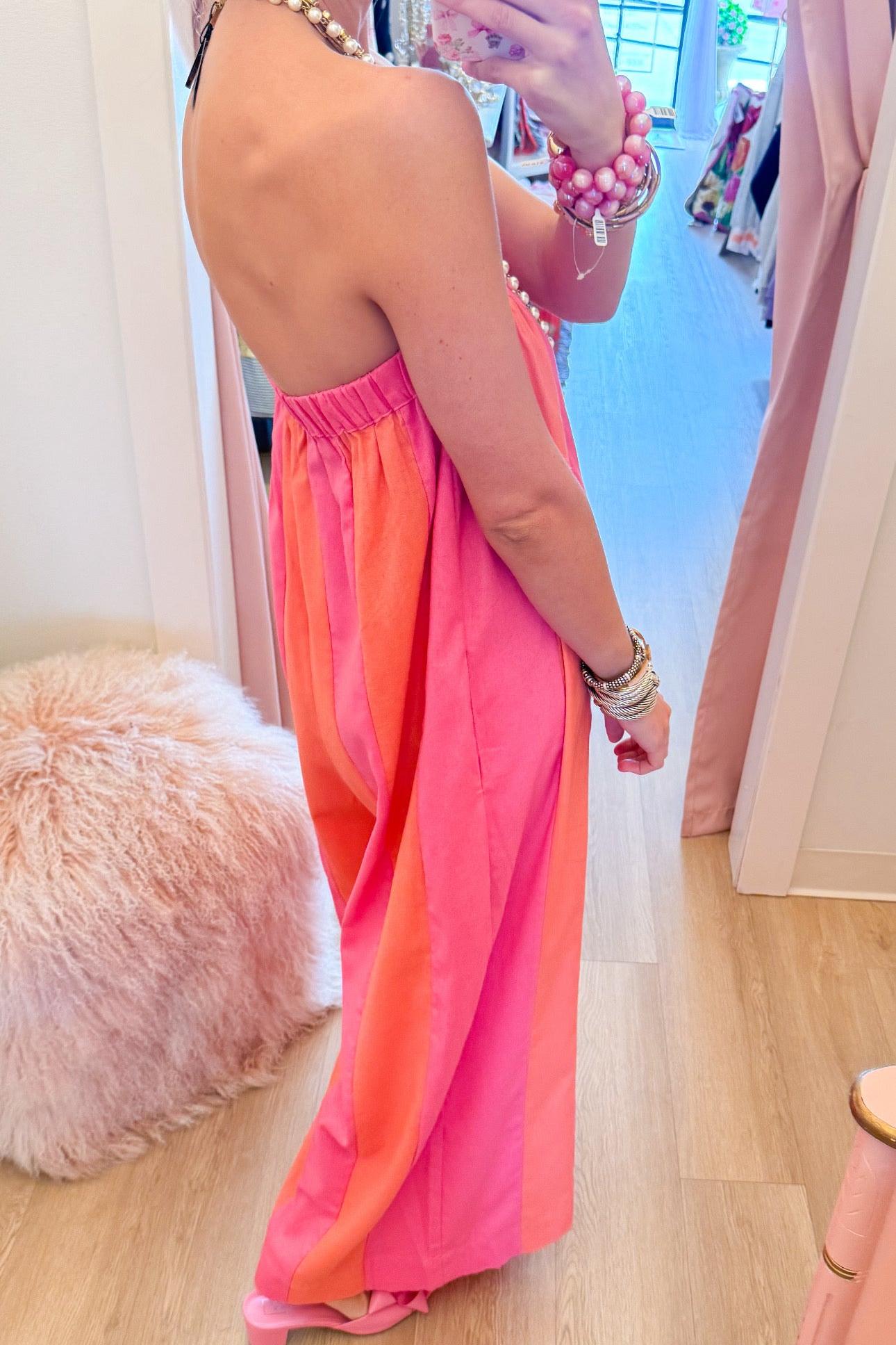 Hibiscus and Melon Striped Strapless Jumpsuit