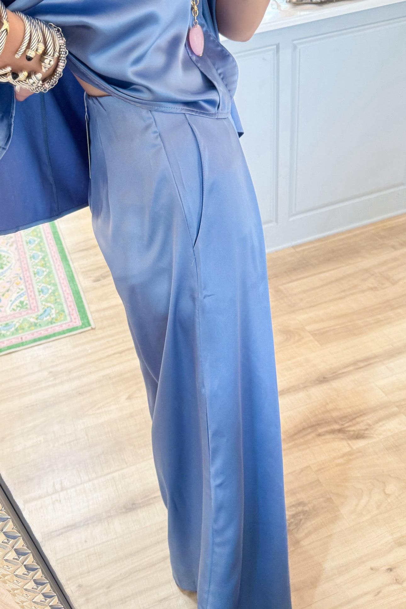 Dusty Blue Satin V-Neck Set