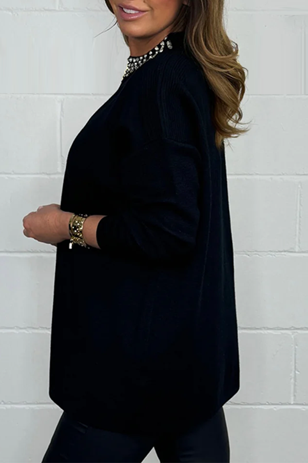 Black Diamante Neck Detail Turtle Neck Jumper