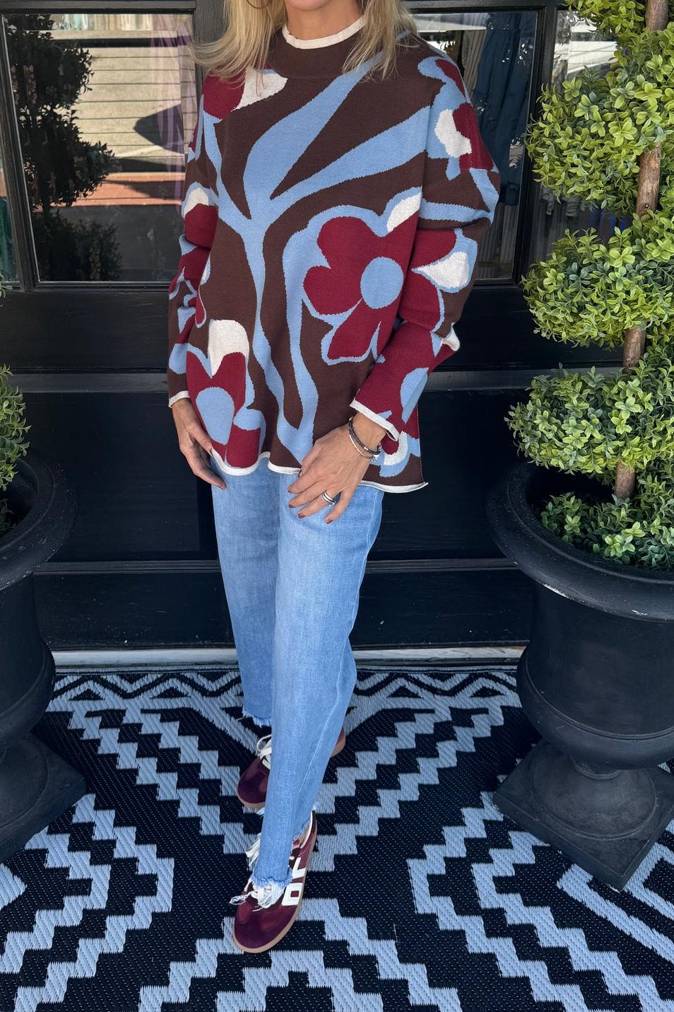 Women's Retro Floral Print Crew Neck Long Sleeve Knit Sweater