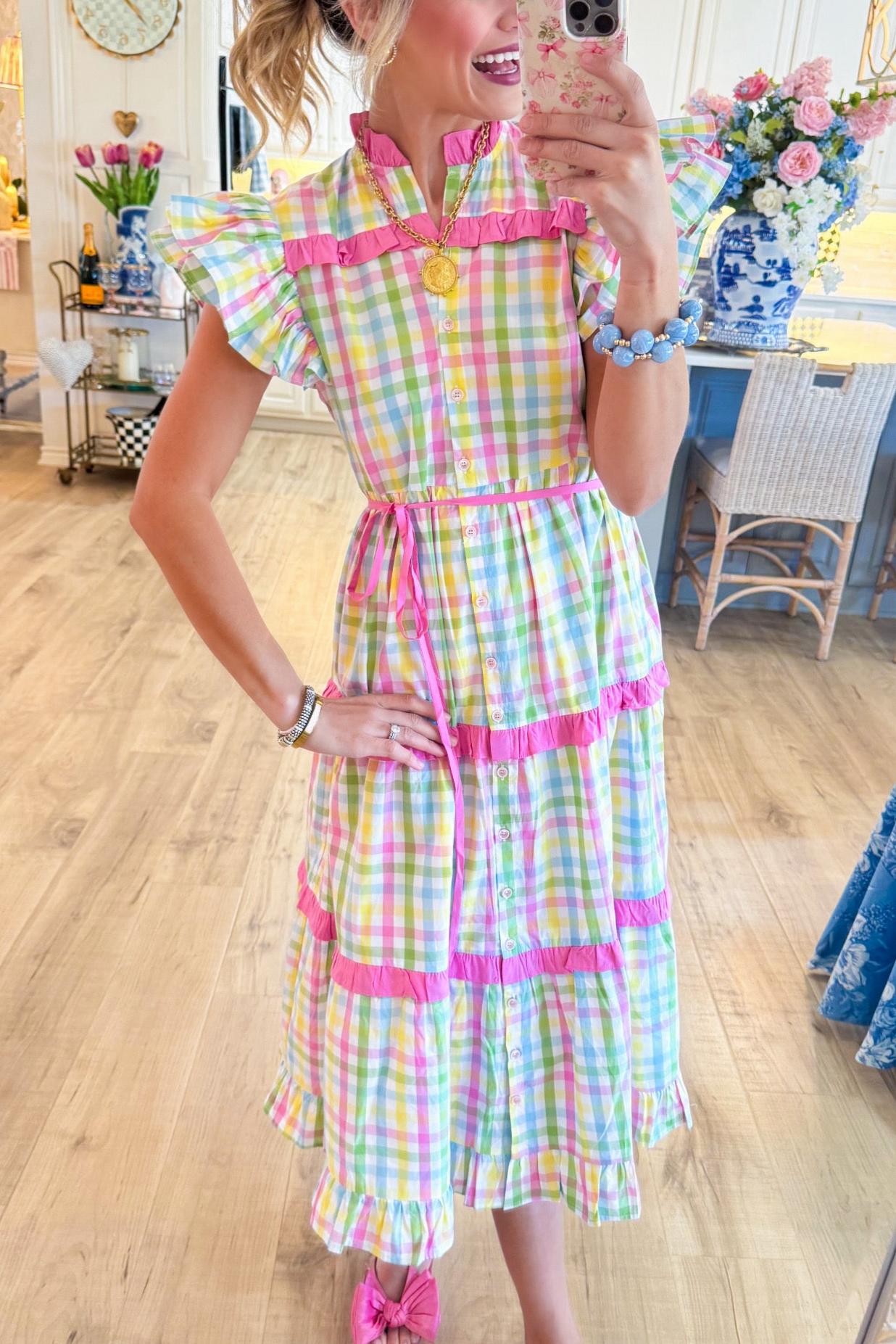 Pastel Plaid Flutter Sleeve Maxi Dress