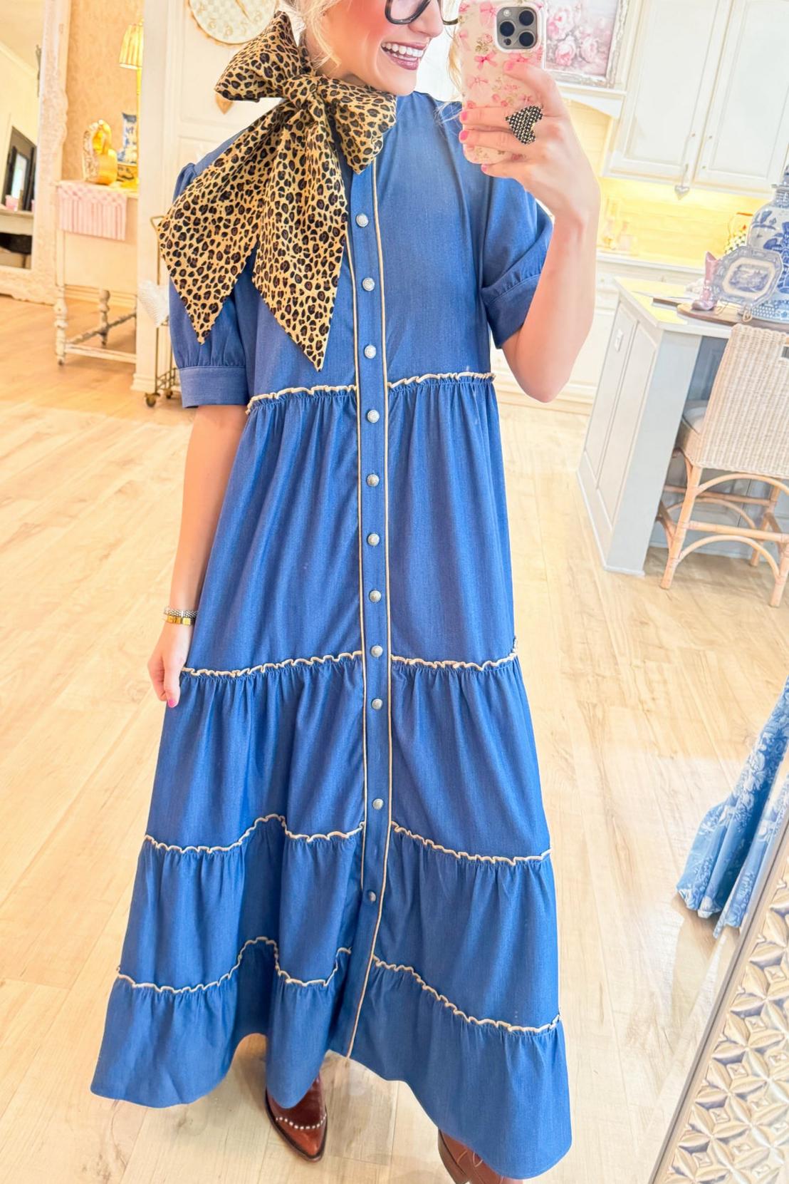 Denim Contrast Piping Maxi Dress