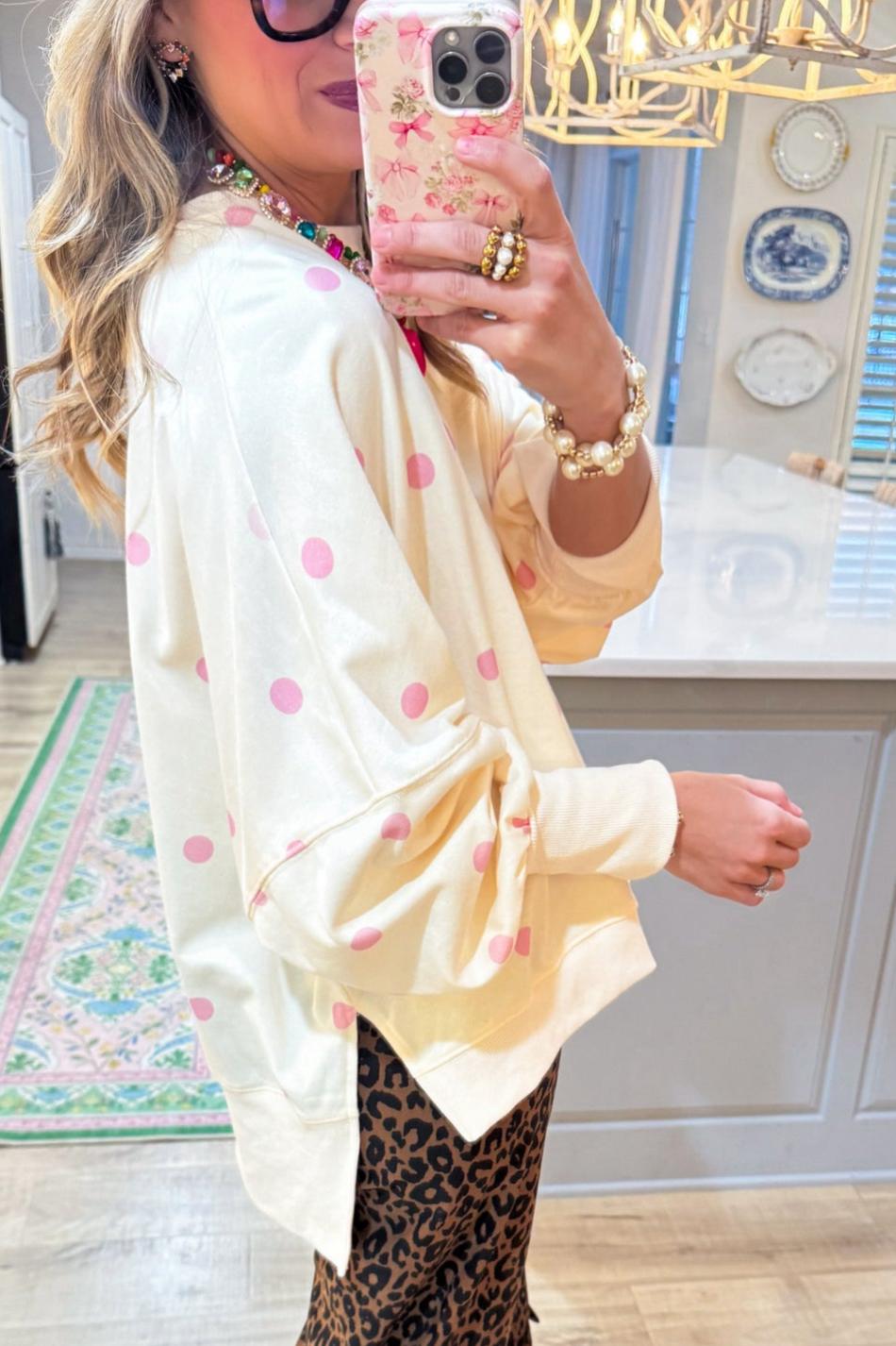 Ivory and Pink Polka Dot French Terry Oversized Sweatshirt