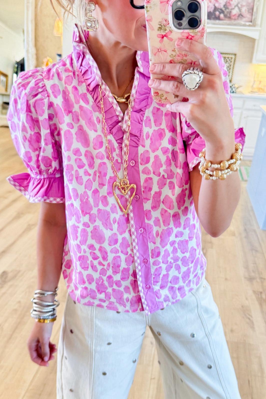 Pink Leopard Ruffle Neck Button Up Top
