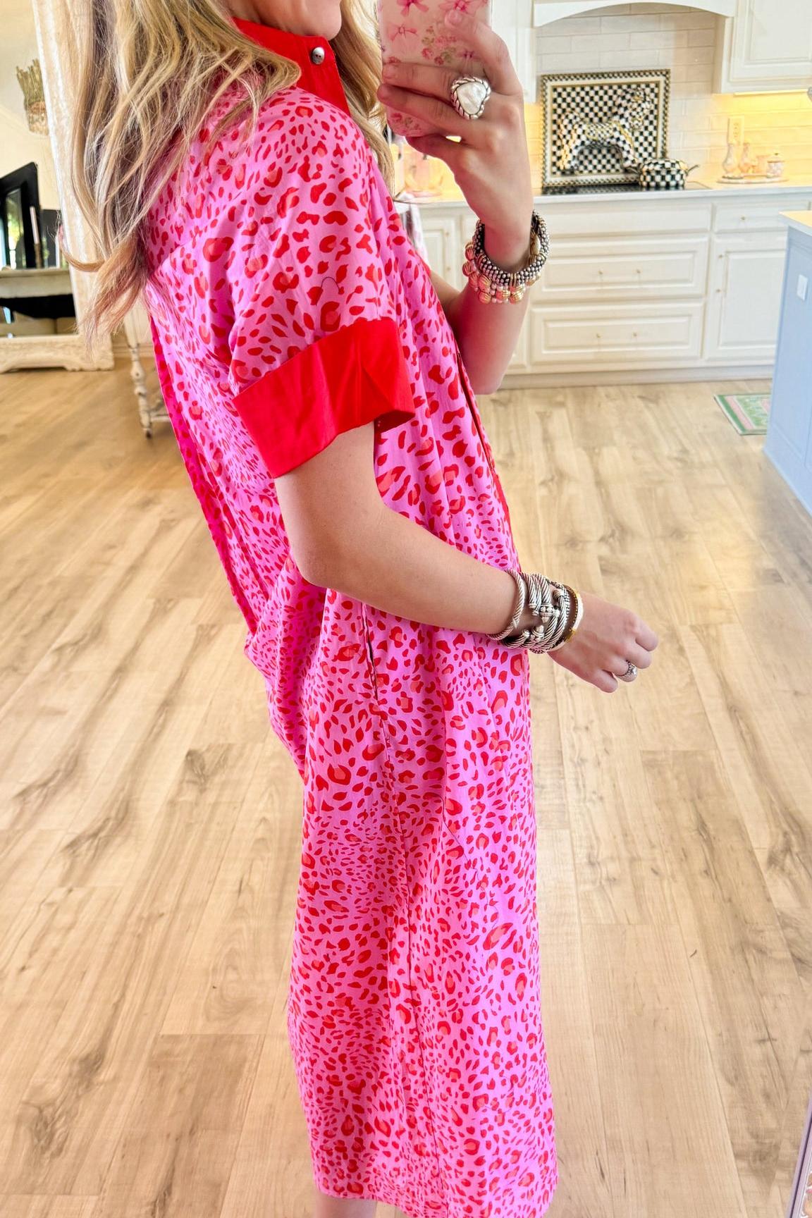 Pink Leopard Contrast Midi Dress