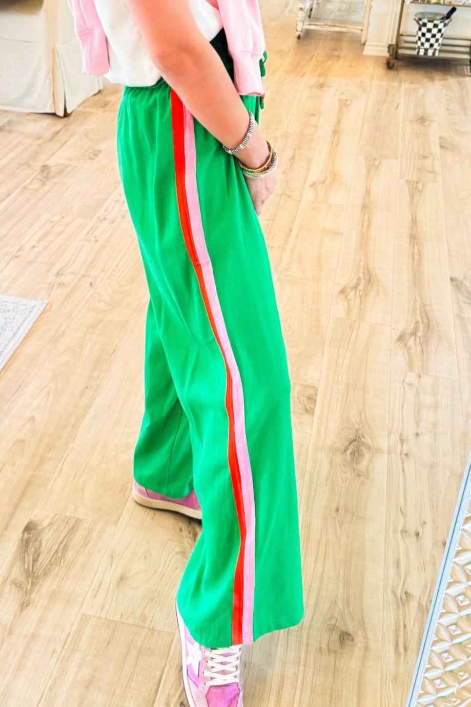 Green Contrast Stripe Wed Leg Pants