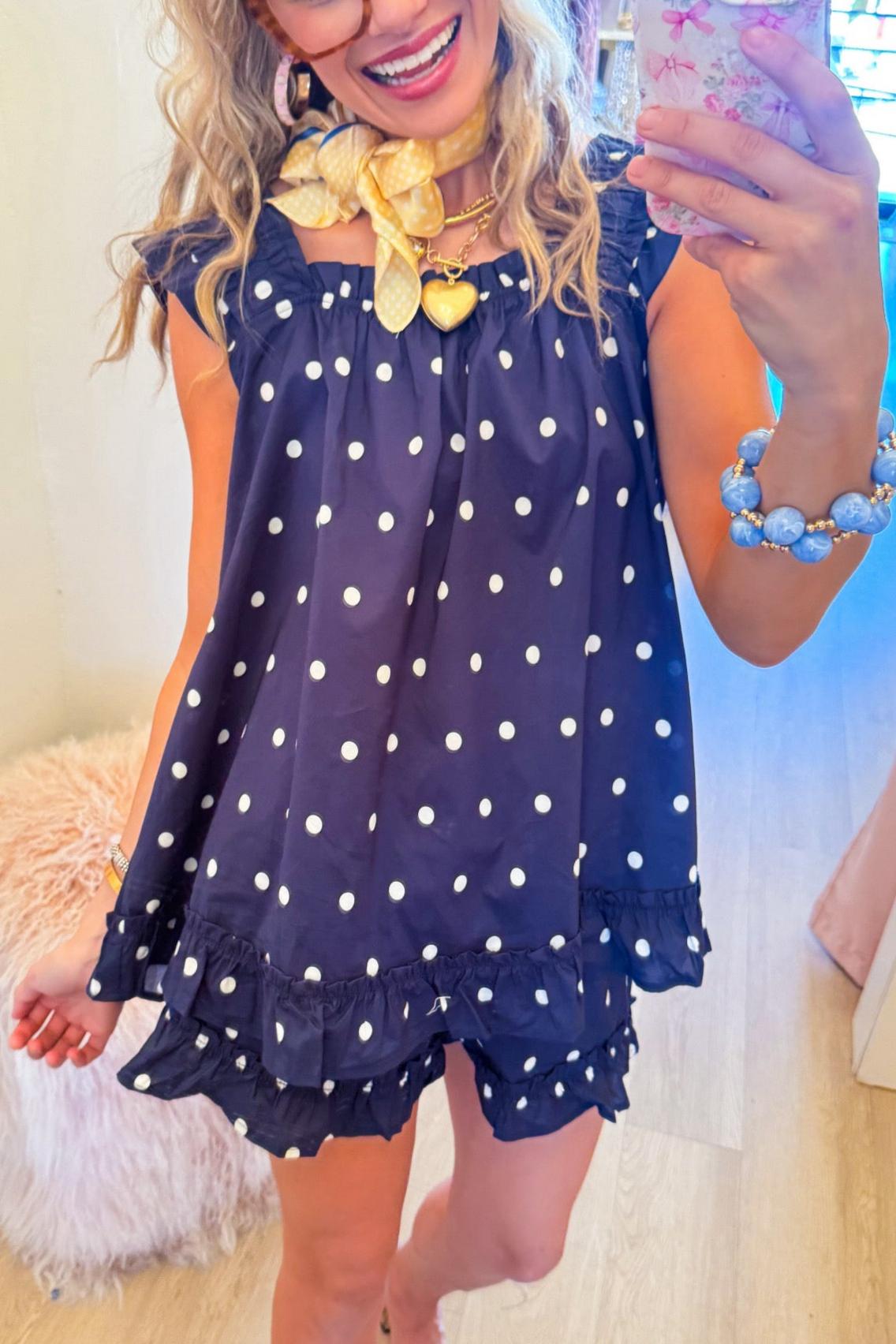 Navy Polka Dot Ruffle Hem Short Set