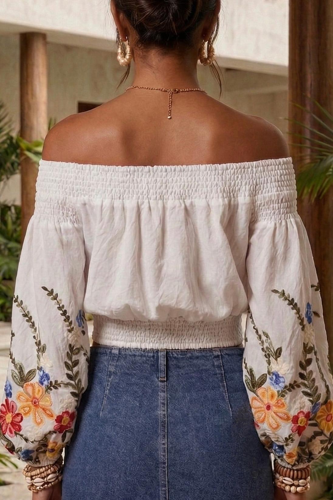 White Floral Embroidered Off-the-Shoulder Crop Top