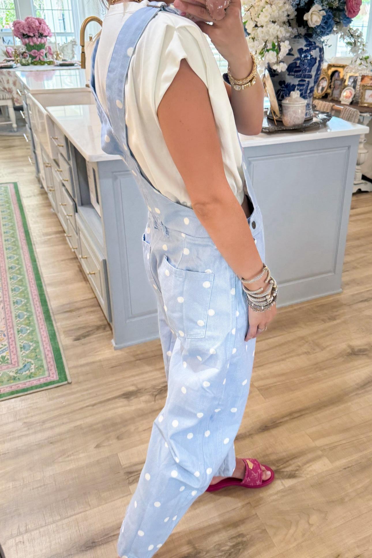Light Blue Polka Dot Barrel Overalls