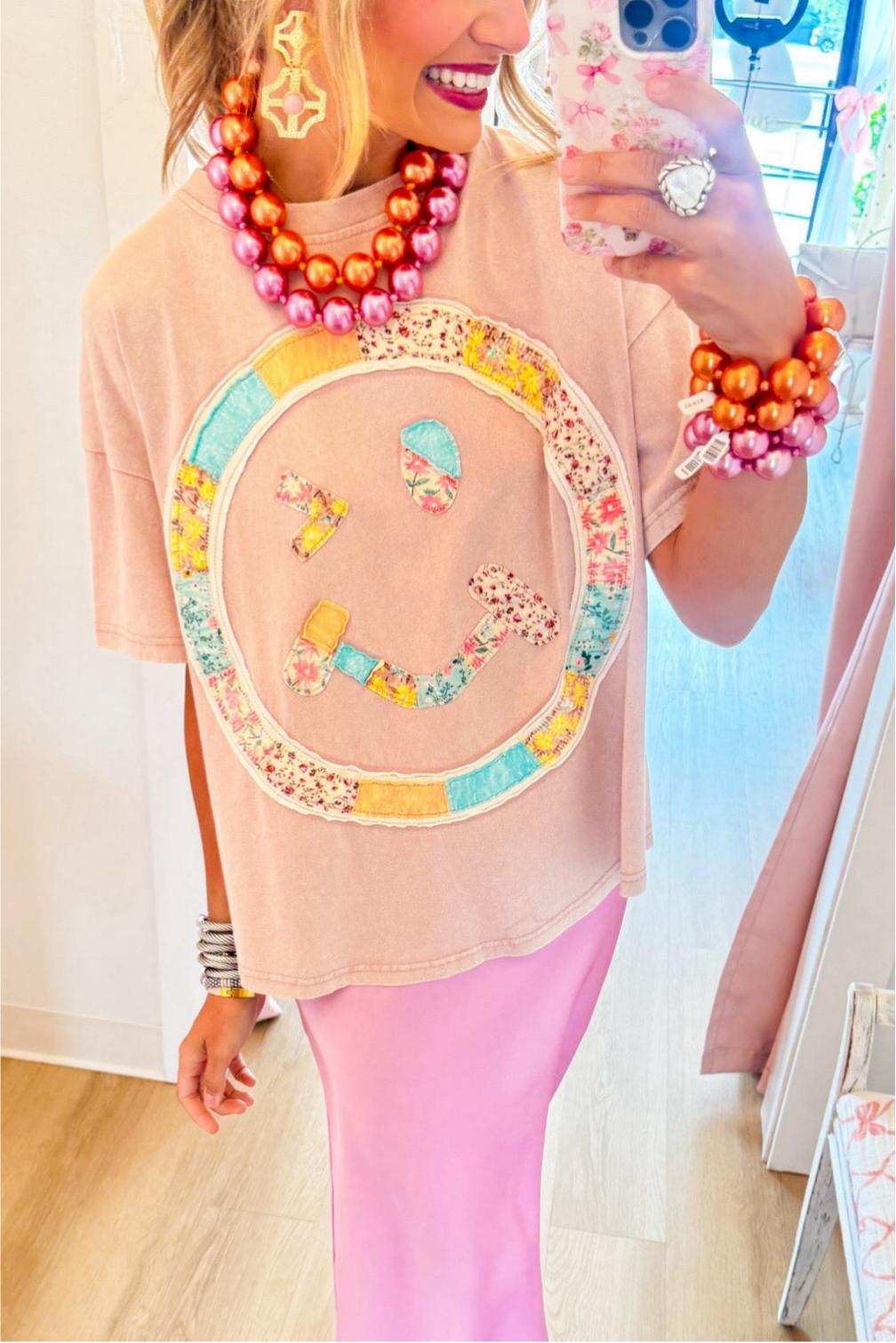 Mauve Smiley Boho Patchwork Tee