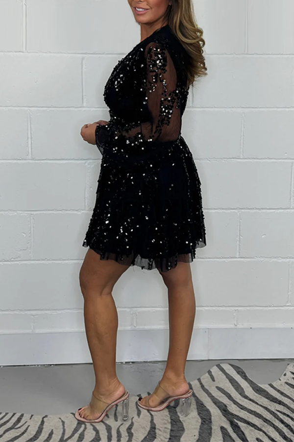 Black V Neck Puff Sleeve Sequin Mesh Layered Mini Dress