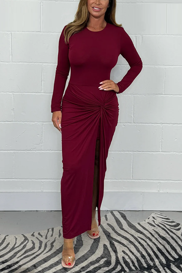 Long Sleeve Round Neck Side Slit Ruched Knot Dress