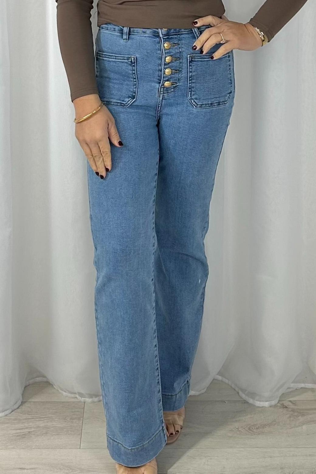 Light Denim Gold Button Pocket Straight Leg Jeans
