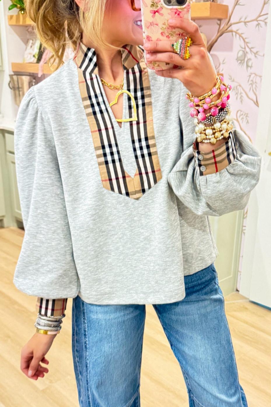 Heather Grey and Taupe Accent Blouse