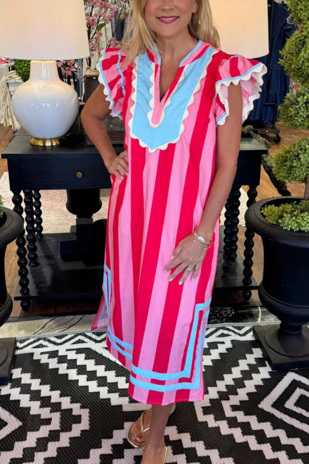 Ruffled Sleeve Scallop Trim Stripe Midi Dress