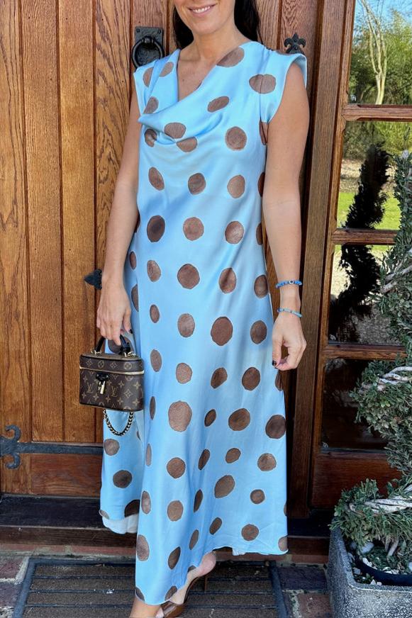 Spot Print Cowl Neck Satin Style Maxi Dress