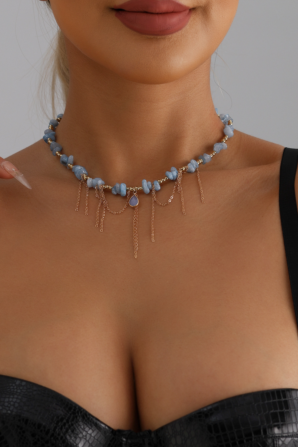 Blue Beaded Tassel Collarbone Necklace