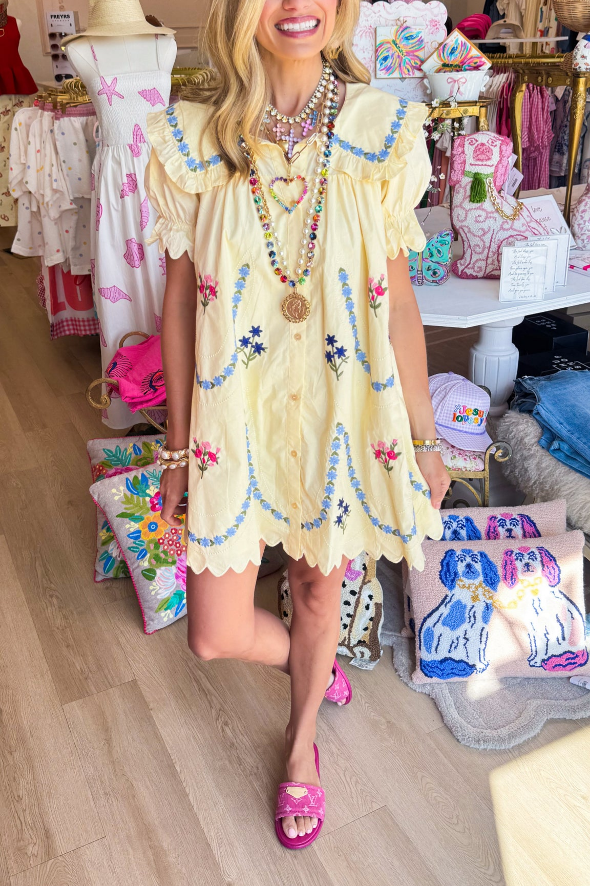 Lemon Floral Embroidered Mini Dress