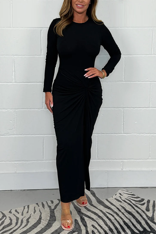 Long Sleeve Round Neck Side Slit Ruched Knot Dress