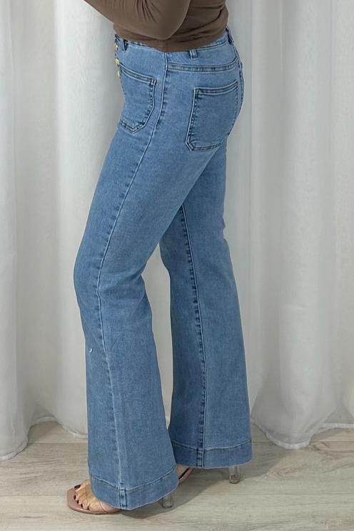 Light Denim Gold Button Pocket Straight Leg Jeans