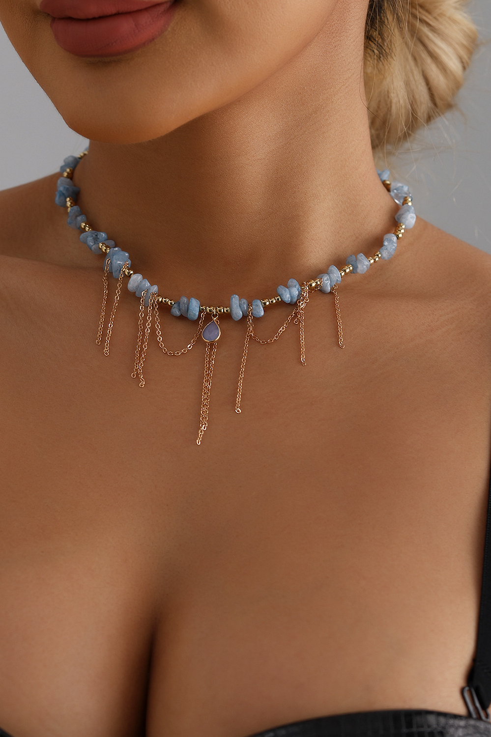 Blue Beaded Tassel Collarbone Necklace