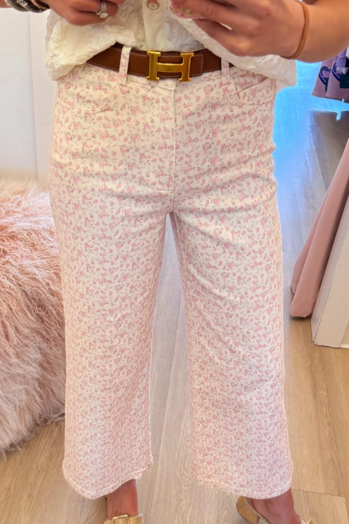 Pink Dainty Floral Wide Leg Jeans