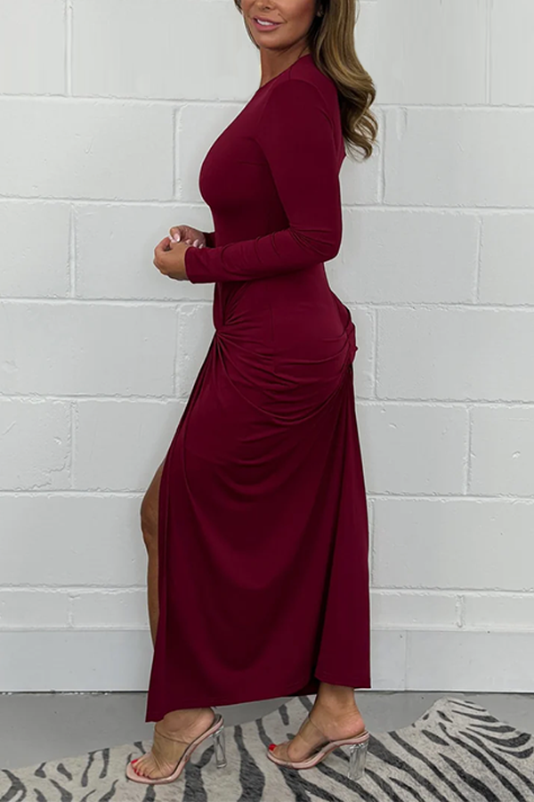 Long Sleeve Round Neck Side Slit Ruched Knot Dress