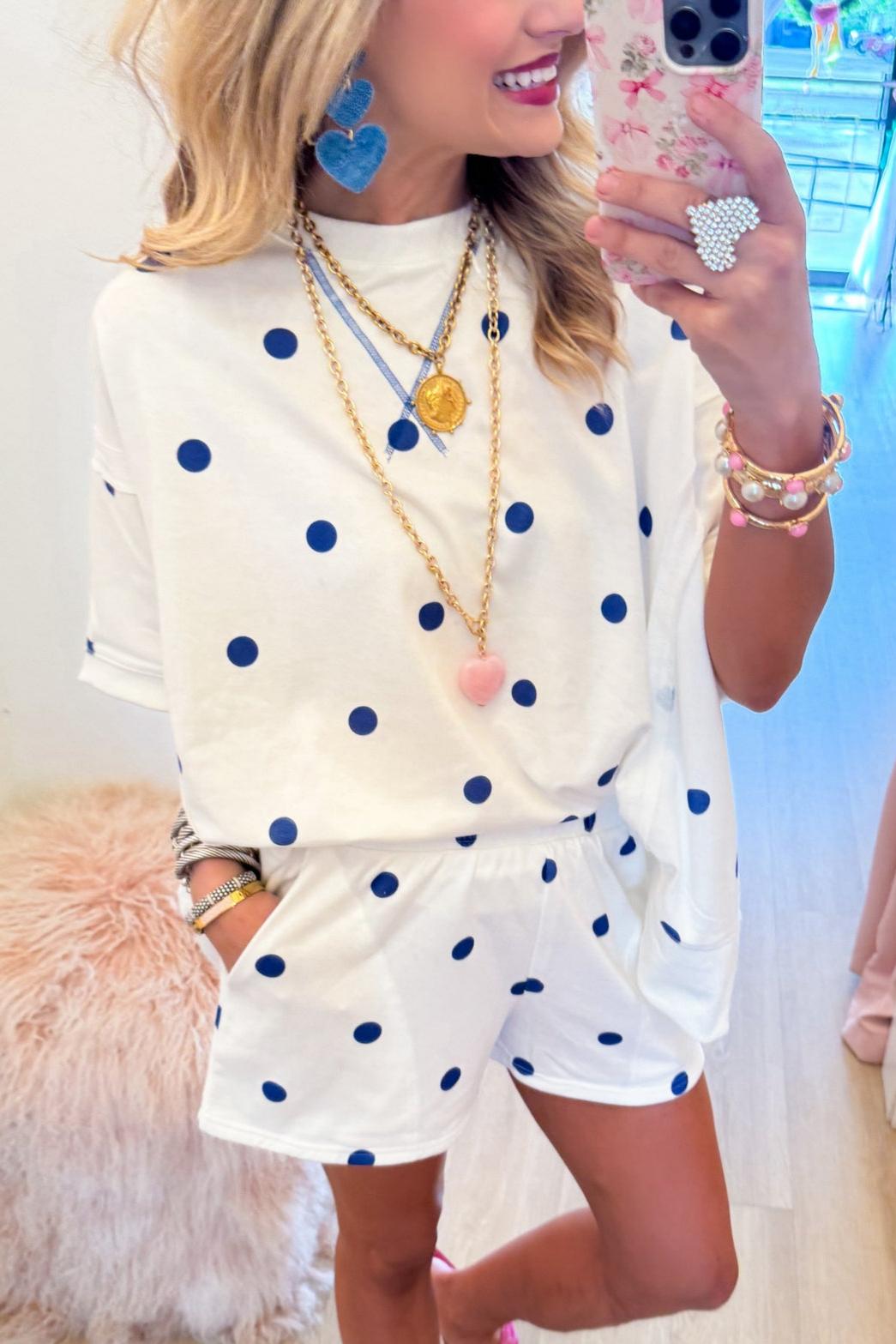Off White and Royal Blue Polka Dot French Terry Set