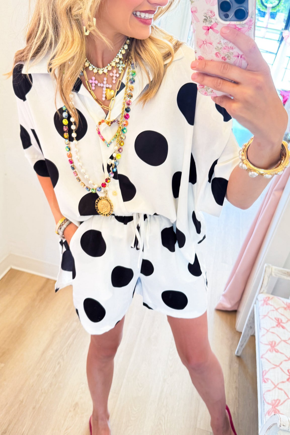 White and Black Polka Dot Short Set