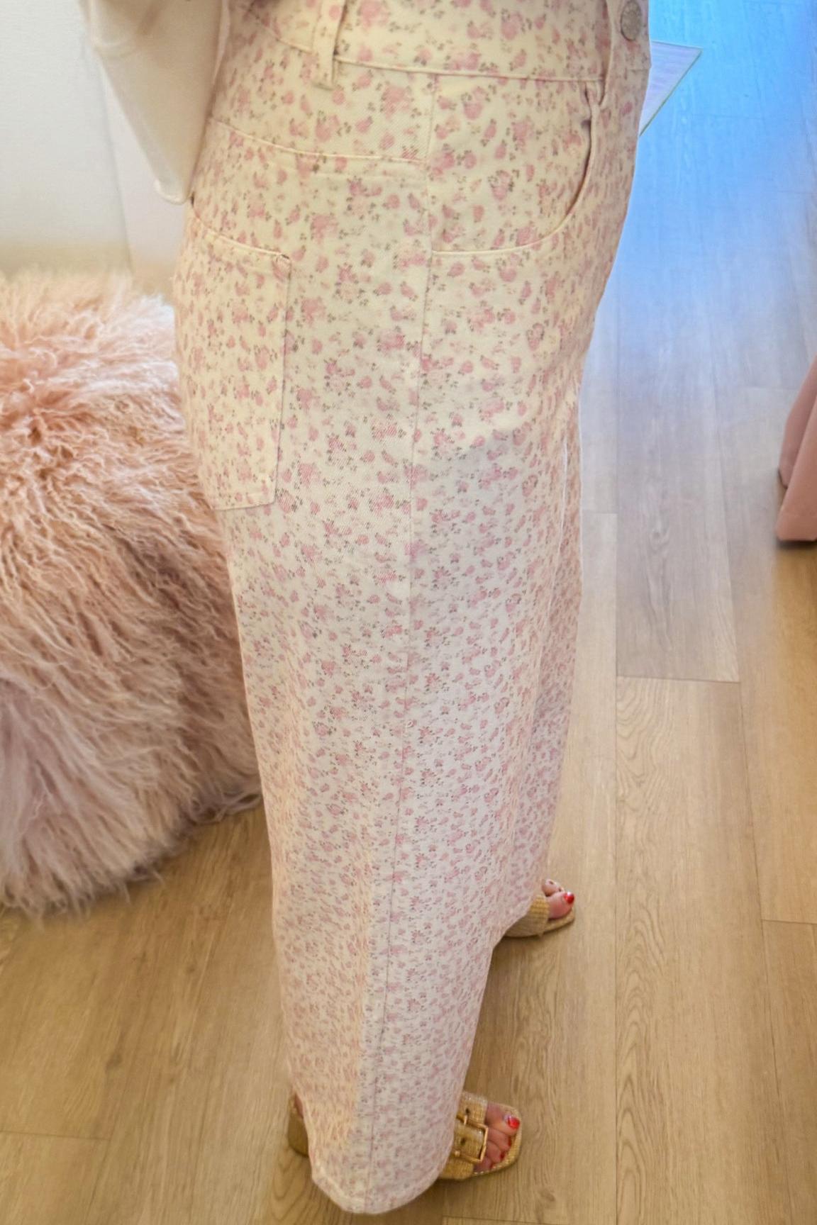 Pink Dainty Floral Wide Leg Jeans