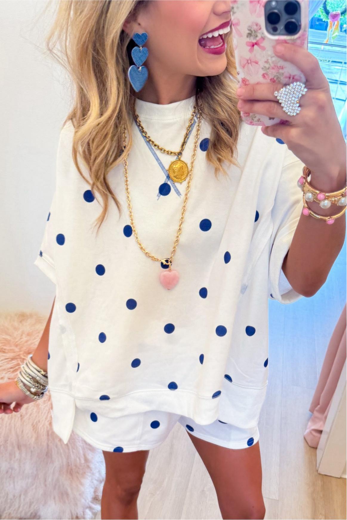 Off White and Royal Blue Polka Dot French Terry Set
